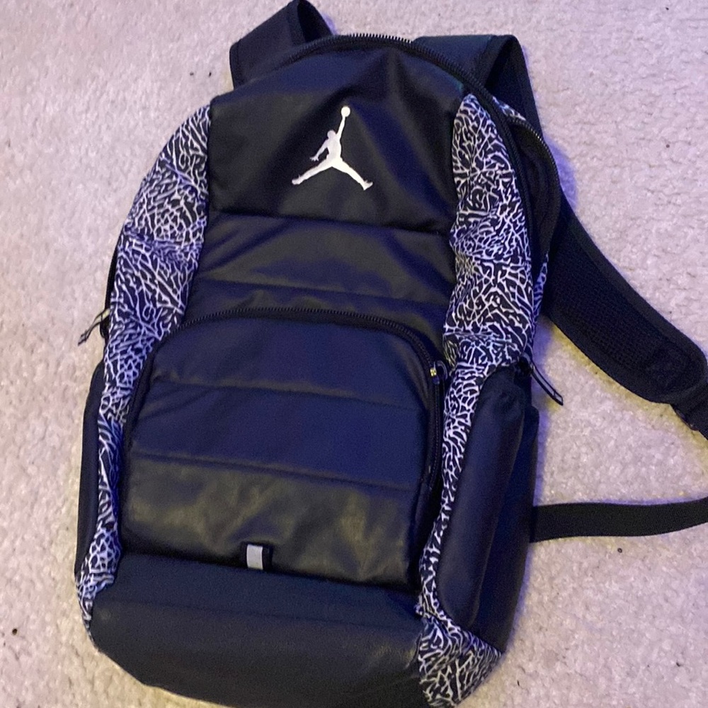 jordan book bag, black and grey